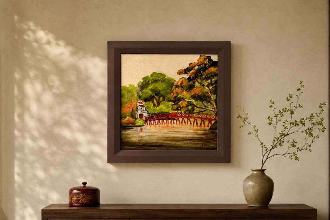 Framed painting of the red bridge at Hoan Kiem Lake